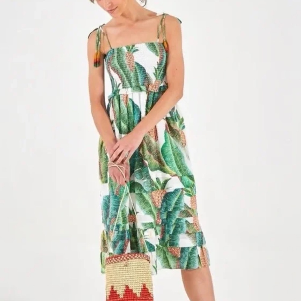 NWT Farm Rio x Alberto Pitta Midi Forest Palm Print Smocked Dress Green S